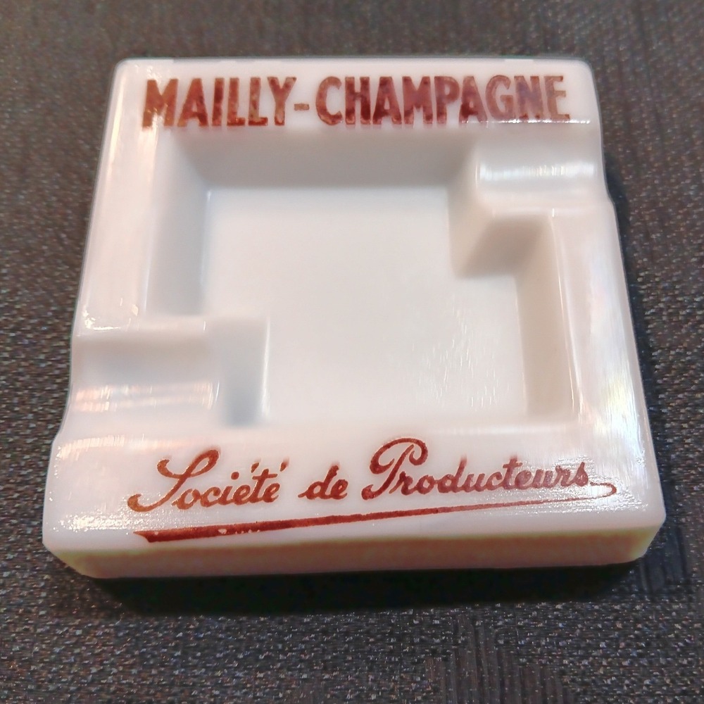 Vintage Opalex Mailly-Champagne Milk Glass Ashtray Made in France White Red MCM